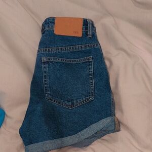 Zara Indigo Denim Shorts with Tan Patch